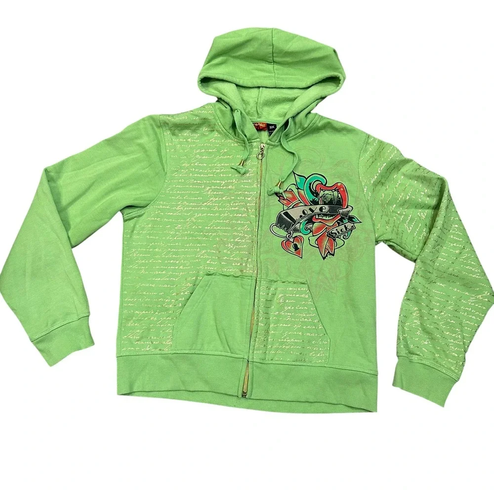 Y2K Cyber Grunge Lime Green Zip Up Ed Hardy Style Love Sick Size - Picture 1 of 6